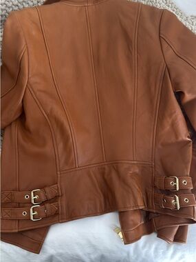 bebe Cognac Leather Moto Jacket with Side Buckles